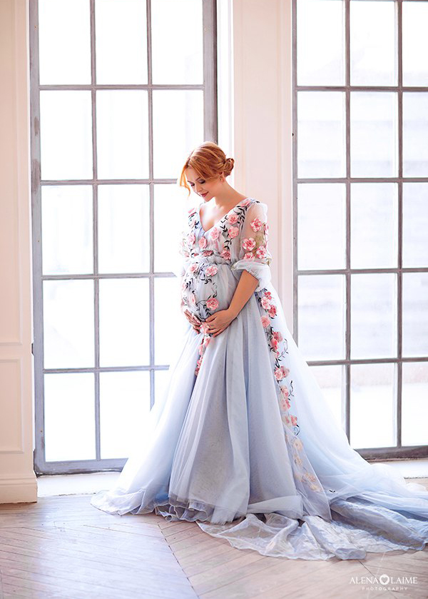 Sweet maternity photo featuring a beautiful mom-to-be in her floral-inspired gown! 