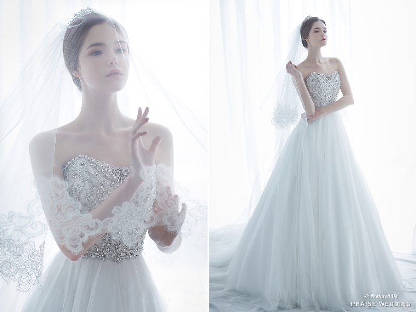 Monica Blanche presents the classic A-line silhouette with a glam twist, and pairing with the lace veil certainly takes dreamy to a new level!