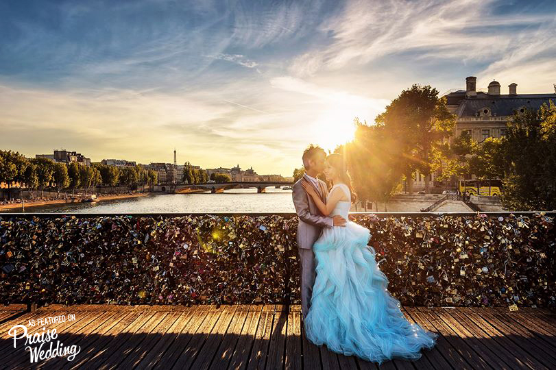 Sunset in Paris - Gorgeous view and couple + dreamy blue ruffled gown