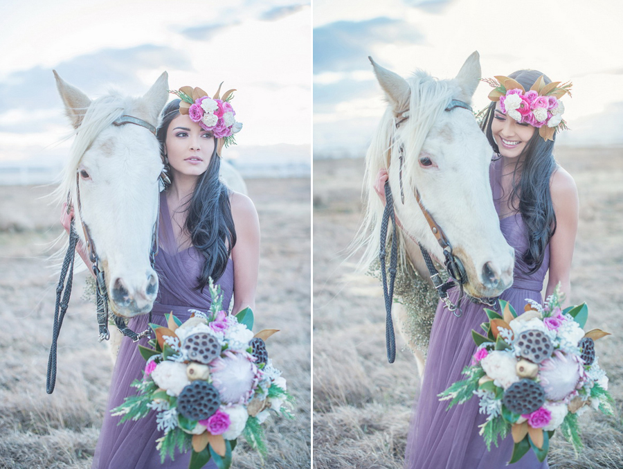 Charming purple dress + white horse - Romantic bridal portrait
