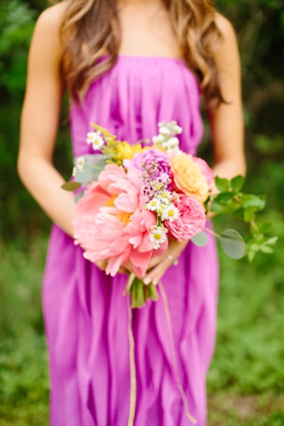 Passionate bright orchid bridesmaid dress + bouquet
