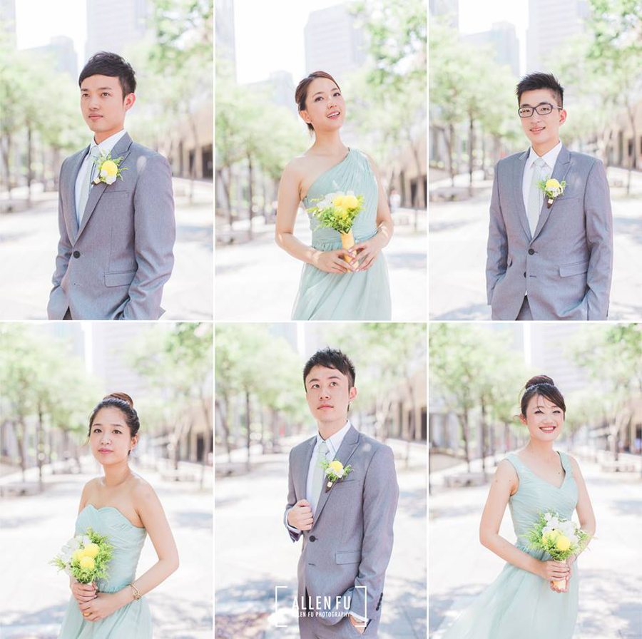 Simply beautiful bridal party look - pastel blue + elegant grey +  a touch of yellow floral highlight!