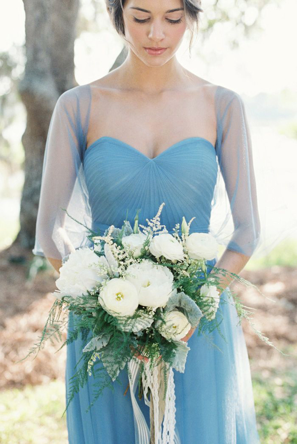 Romantic powder blue bridesmaid dress with beautiful sleeves