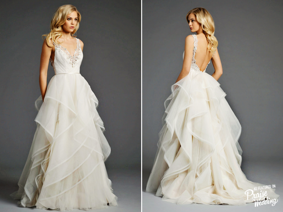 Alvina Valenta antique tulle bridal ball gown with a sheer embroidered V-neckline and low back