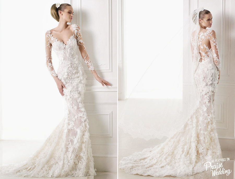 Pronovias 2015 Capricornio Gown -Romantic mermaid wedding dress with detachable tulle and lace skirt with gemstone embroidery