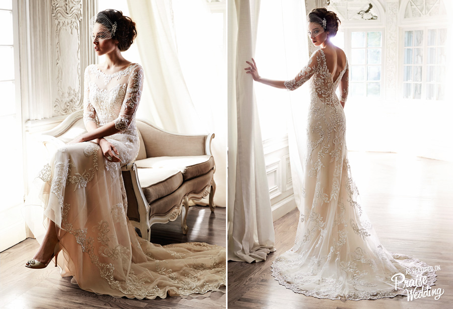 Ivory over nude - Maggie Sottero hand-embellished "Verina" sheath gown with dramatic illusion lace