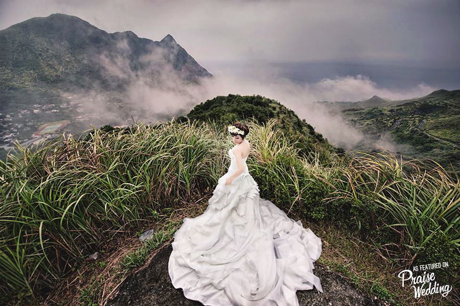Beautiful mountain landscape bridal portrait