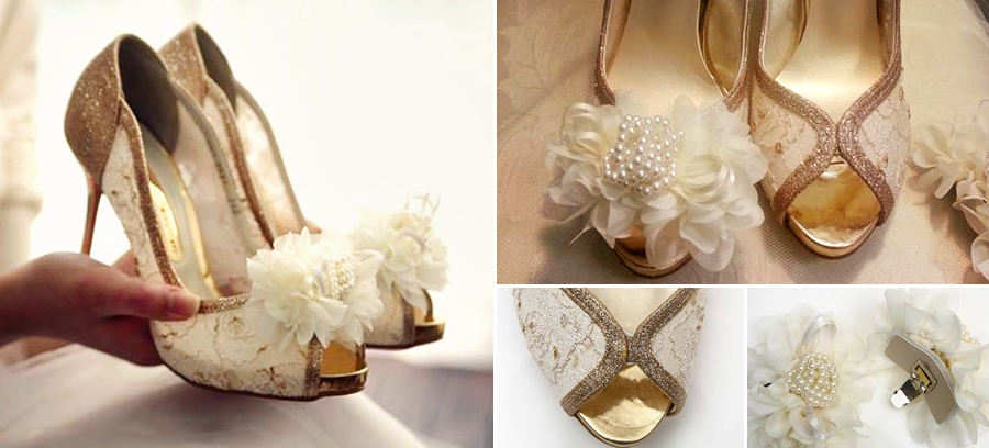 Elegant gold x white bridal heels with removable floral corsage