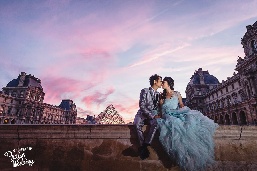 Paris at dawn - romantic pre-wedding session with the perfect baby blue ruffled dress!