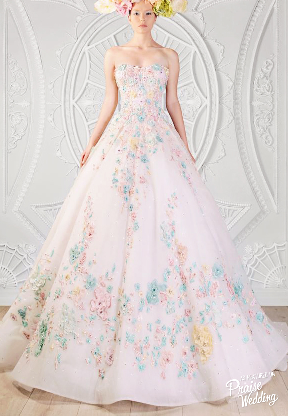 Rami Kadi elegant wedding gown with pastel floral designs 