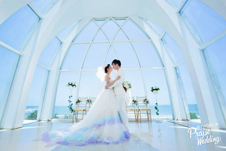 Beautiful white chapel with ocean view and matching bridal dress! *Love the ocean-like dress details!*