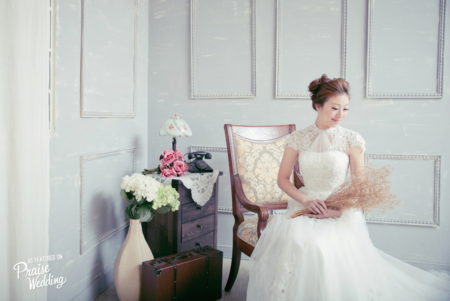 Elegant and romantic pastel-vintage bridal portrait 