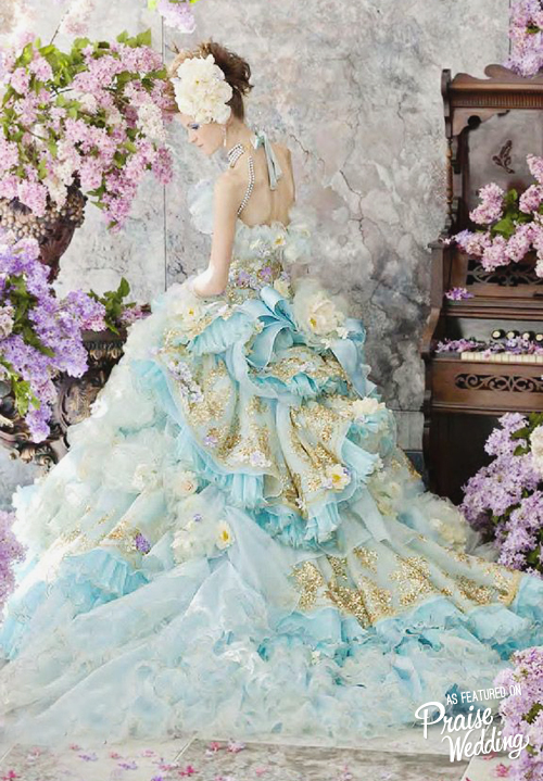 Baby blue x gold gown filled with flowers by Japanese brand Stella de libero