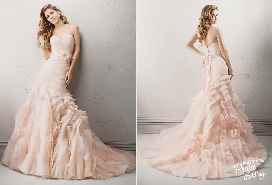 Can we have this romantic Sottero Midgley pink ruffled gown please?