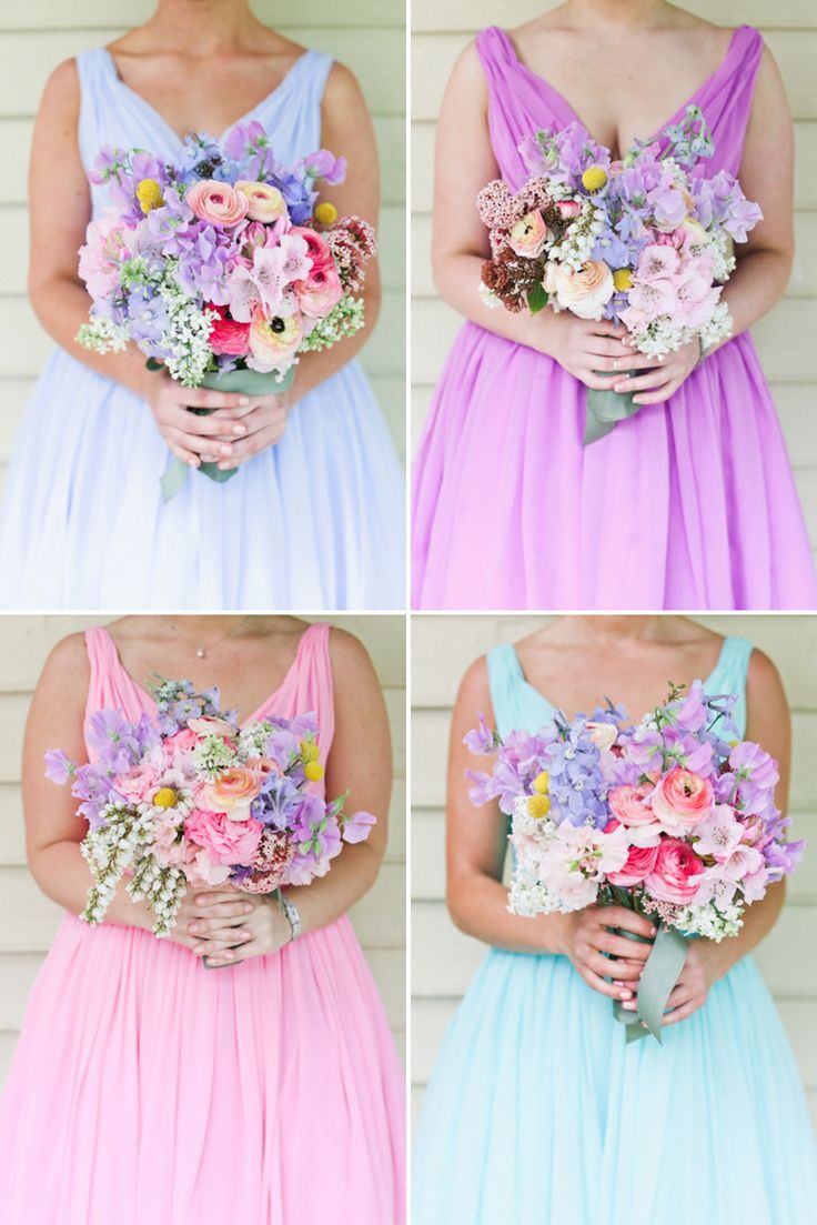 This pretty combination of pastel bridesmaid dresses + spring bouquets makes us think happy thoughts!