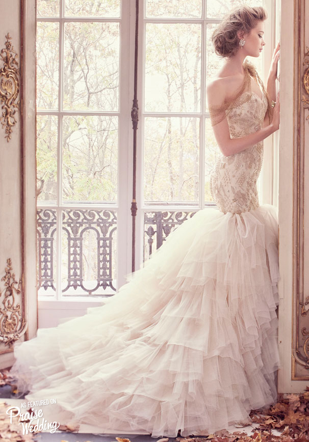 We are so in love with this classy Lazaro 2015 mermaid gown with embroidered gold floral patterns!