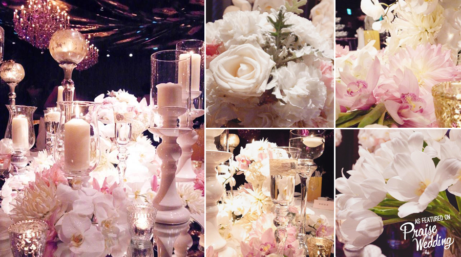White + pale pink is the perfect floral colors to use for a romantic purple indoor reception venue!