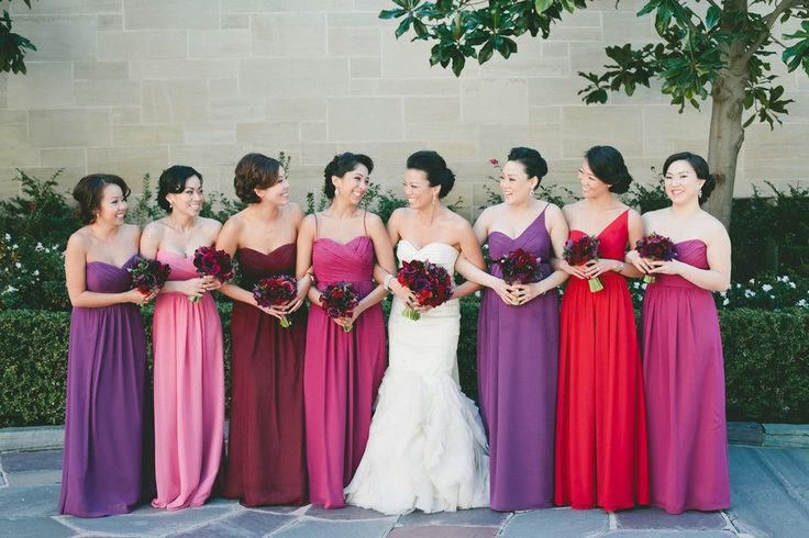 Beautiful and bright pruple + orchid + pink bridesmaid dresses color combination!