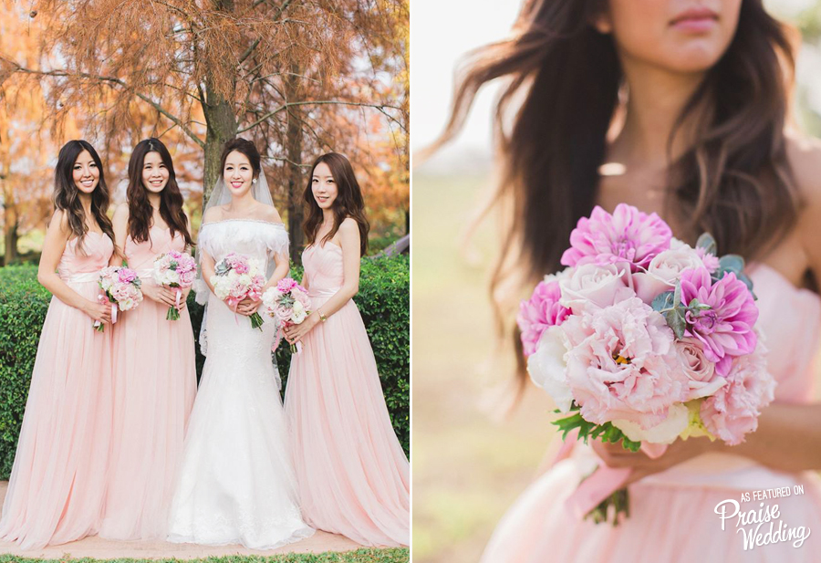 What's sweeter than an elegant blush bridal party with pink bouquets? So feminine and romantic!
