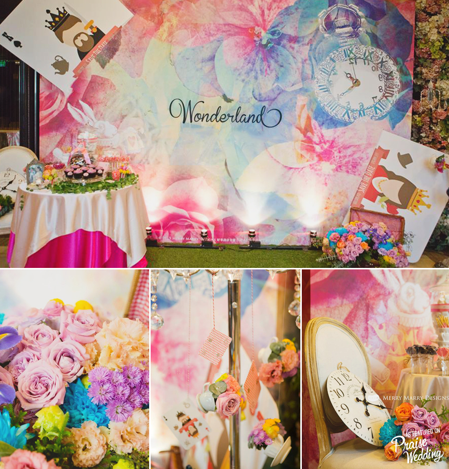 So amazed by this watercolor Alice in Wonderland themed wedding decor!