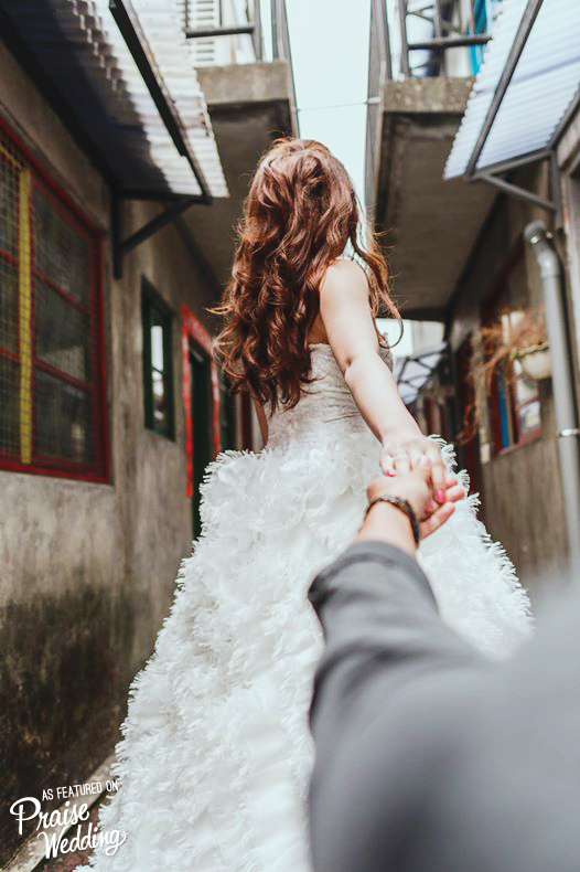 A fun engagement photo idea - the "follow me to" inspired bridal portrait! 