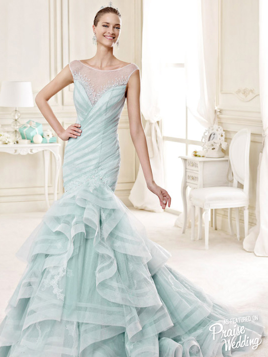 Considering something blue? Check out this Nicole Sposa baby blue mermaid gown with wintry illusion neckline!