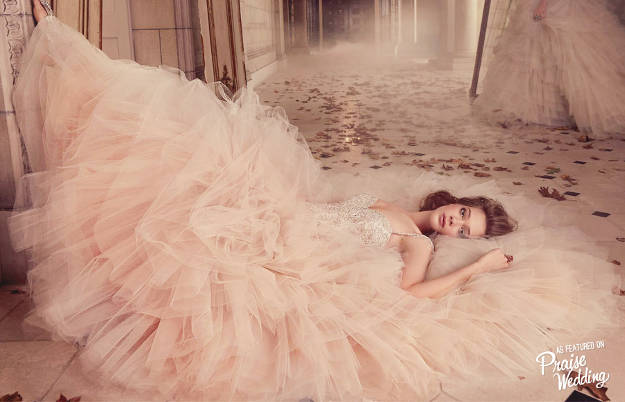 This glittering blush dress by Lazaro is for you whimsical glam brides!