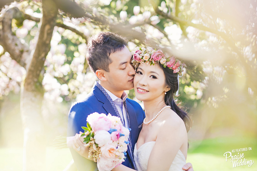 This engagement photo is a mix of natural beauty, colorful florals, and so much love!