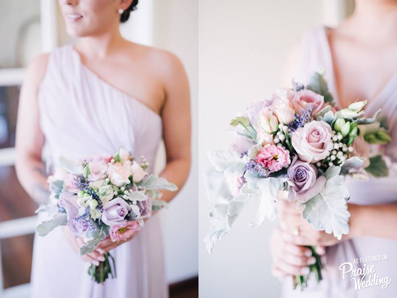 Light lavender bridesmaid dress with adorable matching bouquet, all captured with a romantic approach!