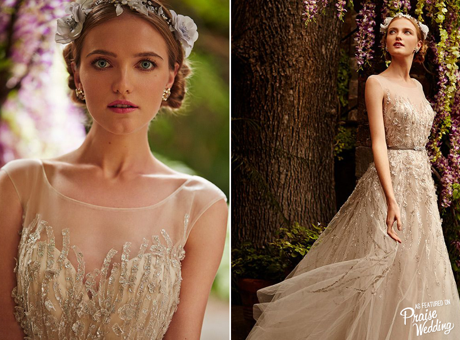 The Wisteria Gown from BHLDN's Spring 2015 collection is fresh, surprising, and beautiful with glittering metallic strips of lace for any celebration!