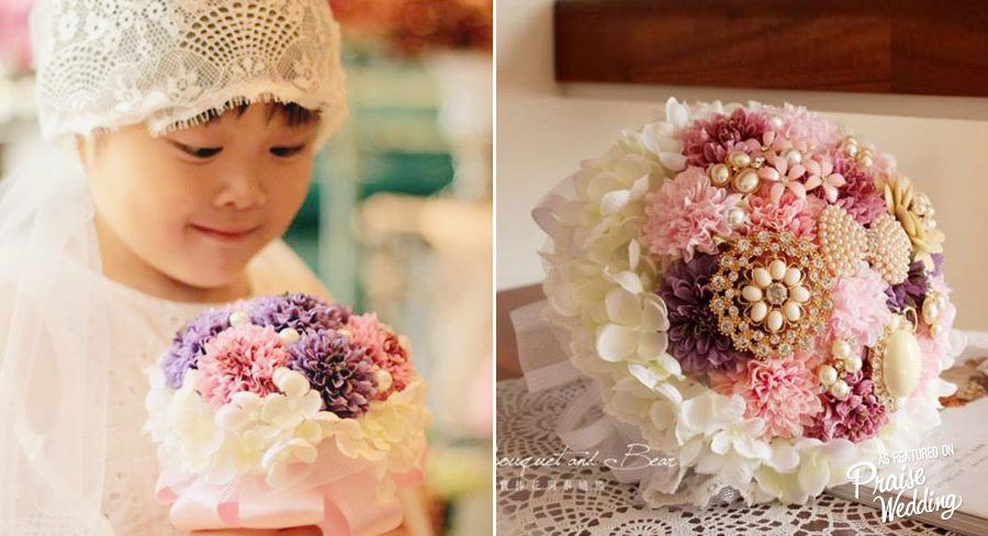 The cutest matching brooch bouquets for the Flower Girl and the Bride!