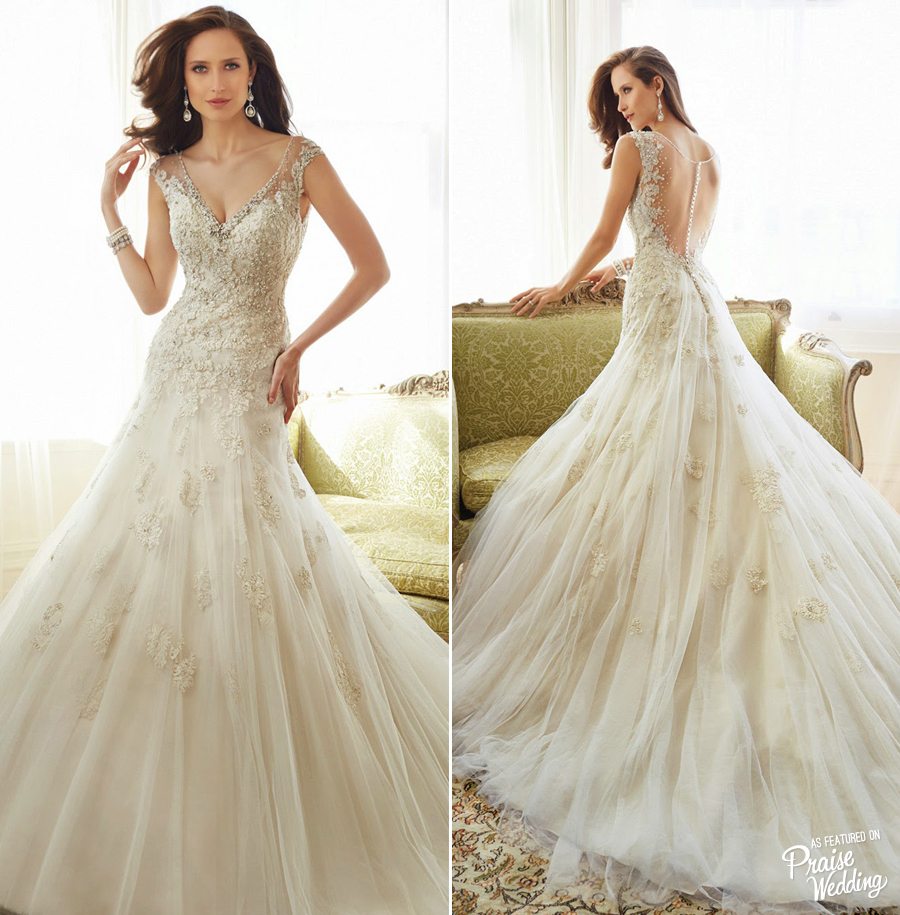 Sophia Tolli with illusion back and snowflake floral lace design!