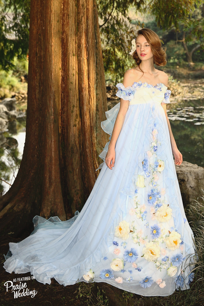 This garden-inspired off shoulder baby blue x yellow gown by TIGLILY is so sweet and chic!