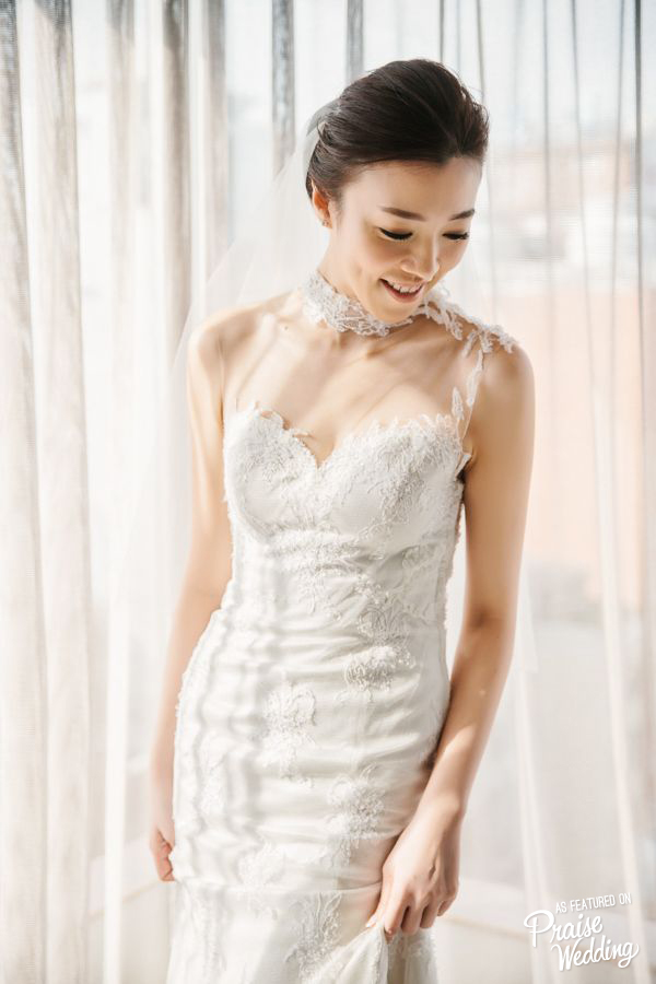 Loving this soft, romantic bridal portrait and the gorgeous illusion neckline design!