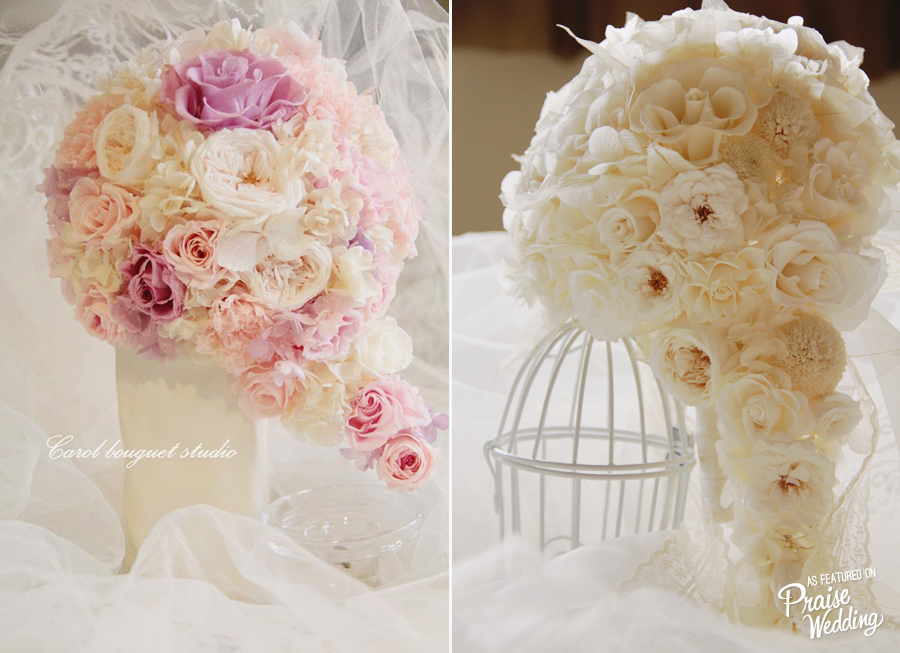 Pink or white? These handmade cascading bouquets are so romantic!