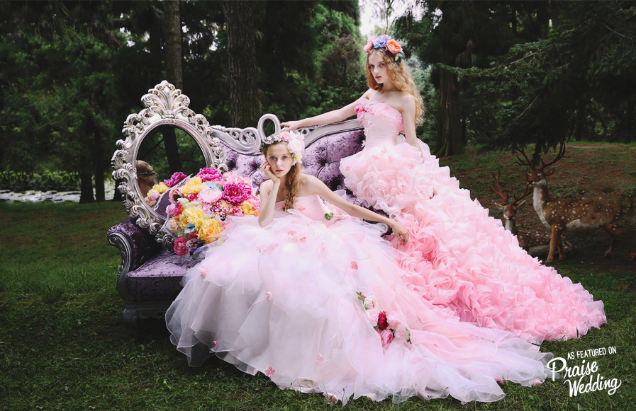 The combination of pink + flowers in these Tiglily bridal gowns bring us right into Spring!