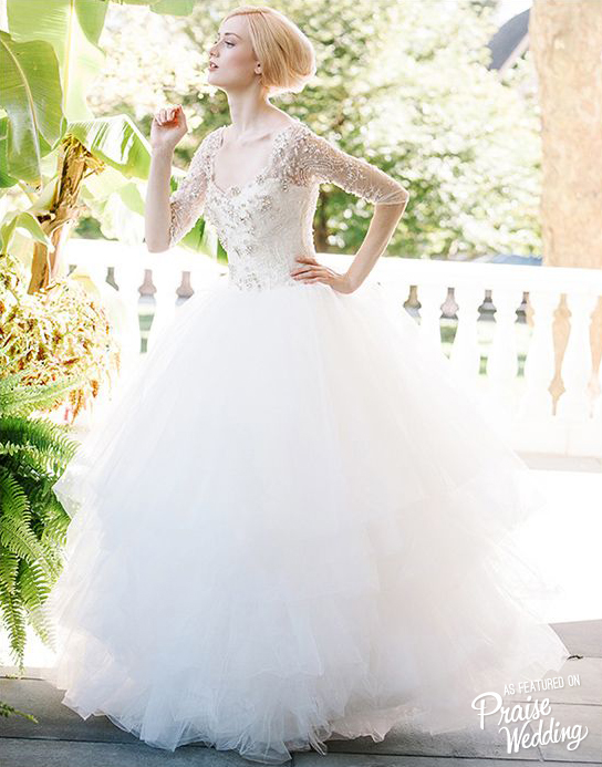 This Sareh Nouri gown with fluffy skirt and elegant jeweled sleeves is like a princess-dream-come-true!