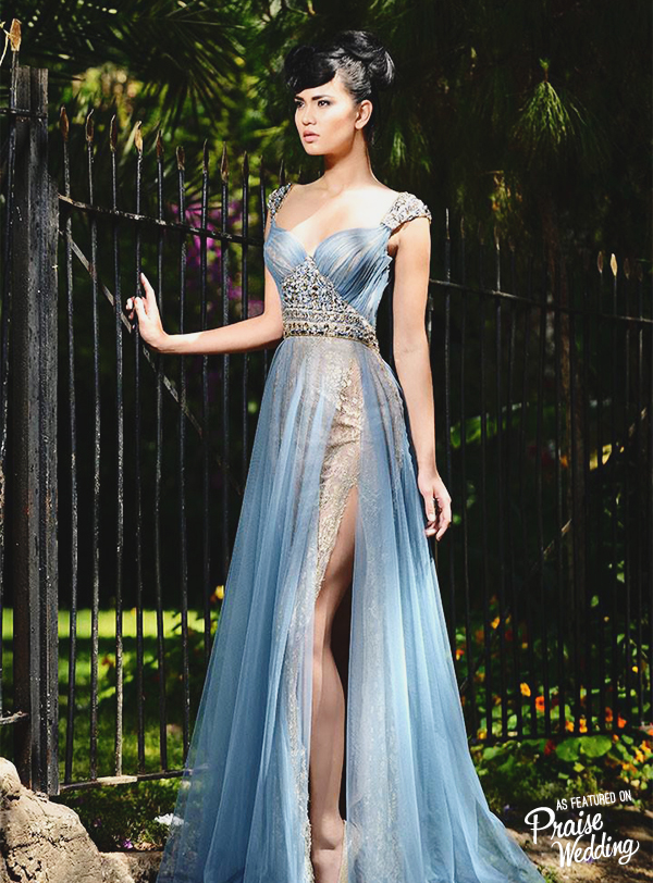 This Rami Salamoun blue x silver jeweled gown is absolutely stunning