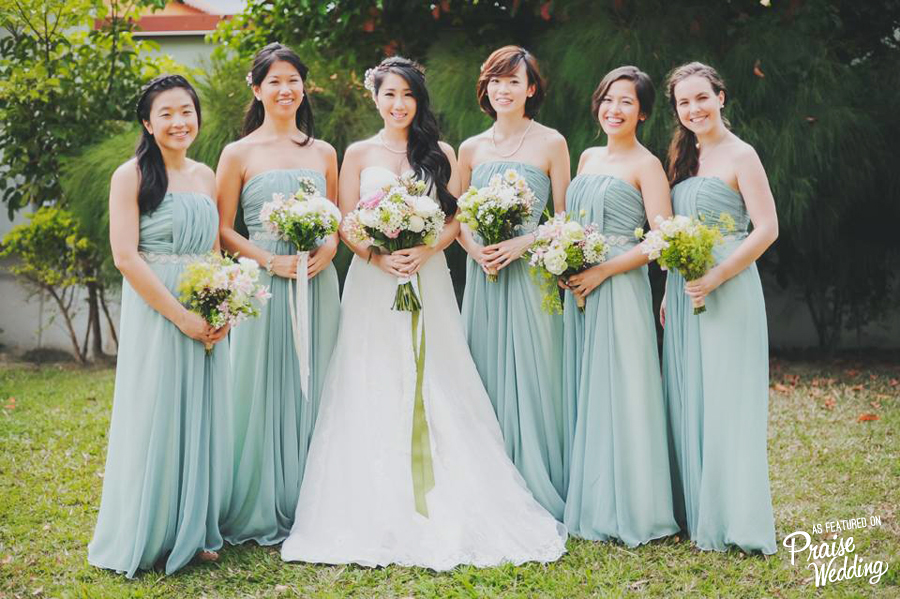 Elegant mint blue bridesmaid gowns, refreshing freen x white bouquets, and beautiful joyful hearts