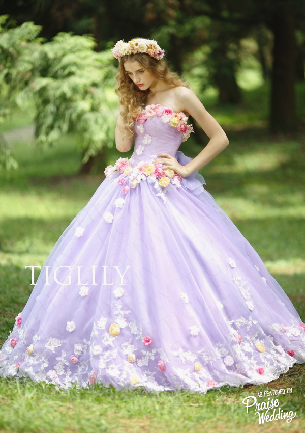 Flowers blooming on a lavender gown,  Tigilily's fun and girly gowns always make us smile!