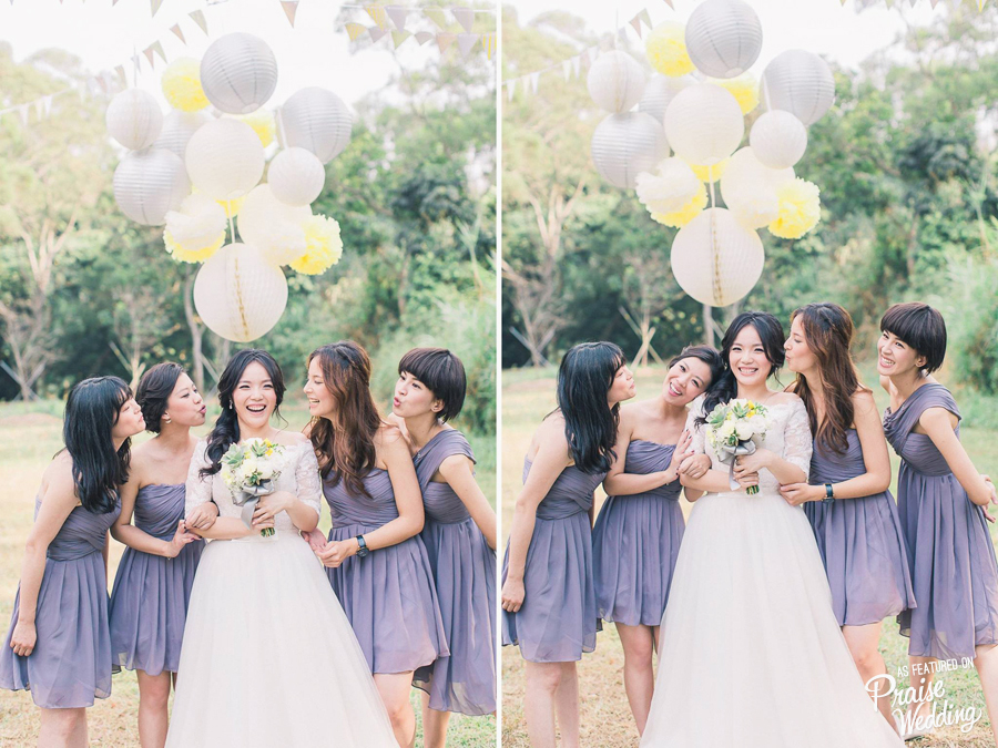 Super chic purple short bridesmaid dresses + fun yellow pom pom + adorable lanterns! 