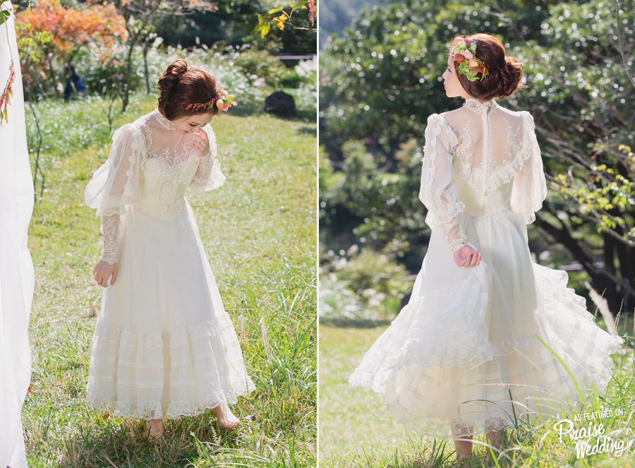 Loving this romantic vintage-inspired gown with the timeless lacey look!