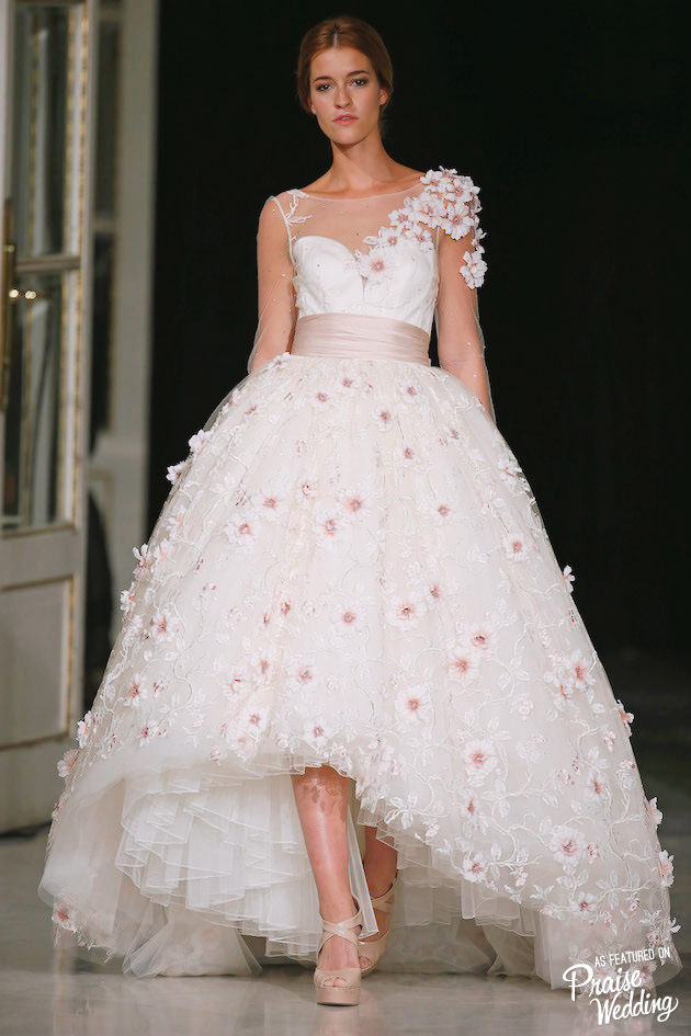 Beautiful pink blooms make this Pepe Botella wedding dress fresh for the picking!