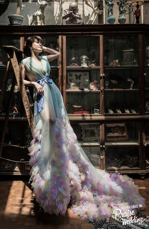 A stylish bridal portrait featuring an unique blue x lavender gown!