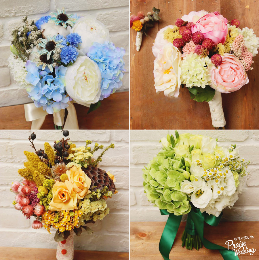 Sky blue, sweet peach, rustic yellow and refreshing green - pick your favorite handmade summer bouquet!
