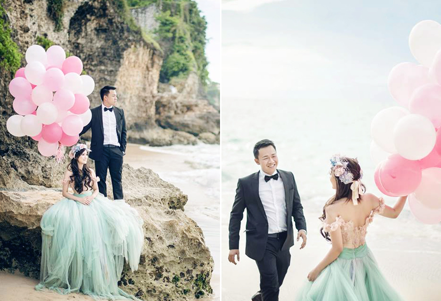 Mint tulle dress, pink balloons, and seaside romance, this engagement session is bursting with sweetness!