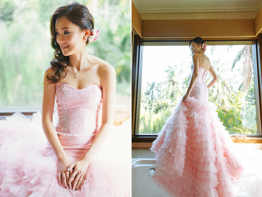 This lovely bridal portrait and pink wedding dress is oh-so-sweet! 