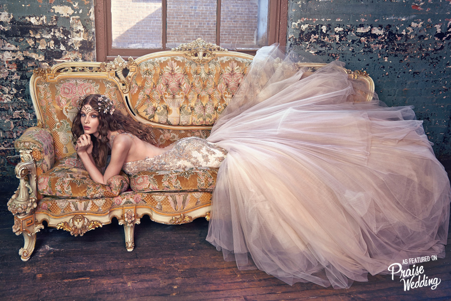 Galia Lahav powder blush "Jewel" gown with hand embroidery over sparkly ivory French lace!
