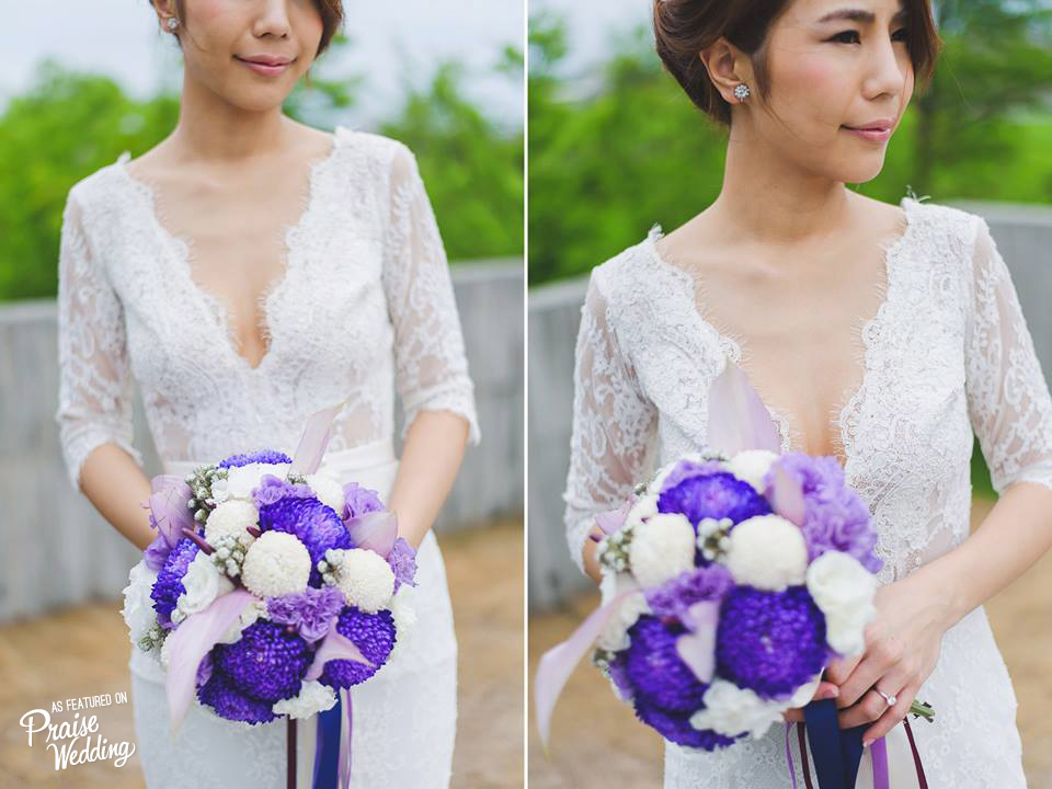 Lovely bridal portrait with unique purple x white bouquet!