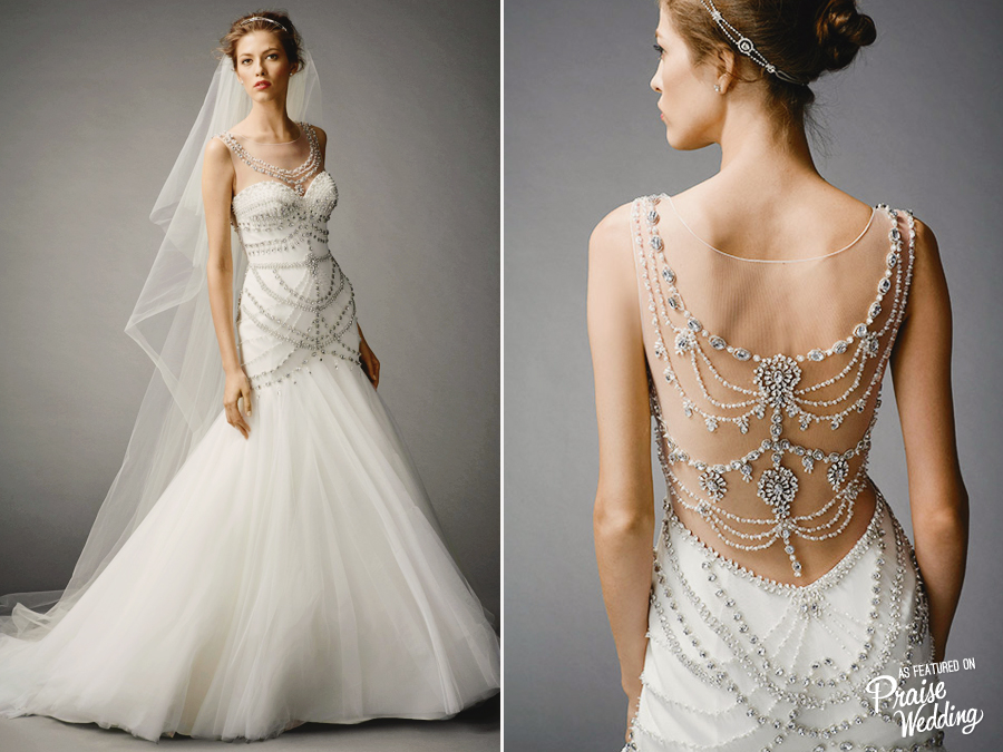 Ornate beading with a 1920s flair, this Watters A-line gown is dripping with crystals on illusion tulle!